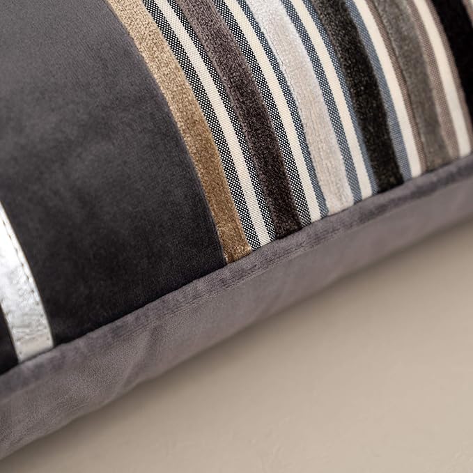 Yangest Grey Striped Patchwork Throw Pillow Cover Gold Leather Cushion Cover - Image 4