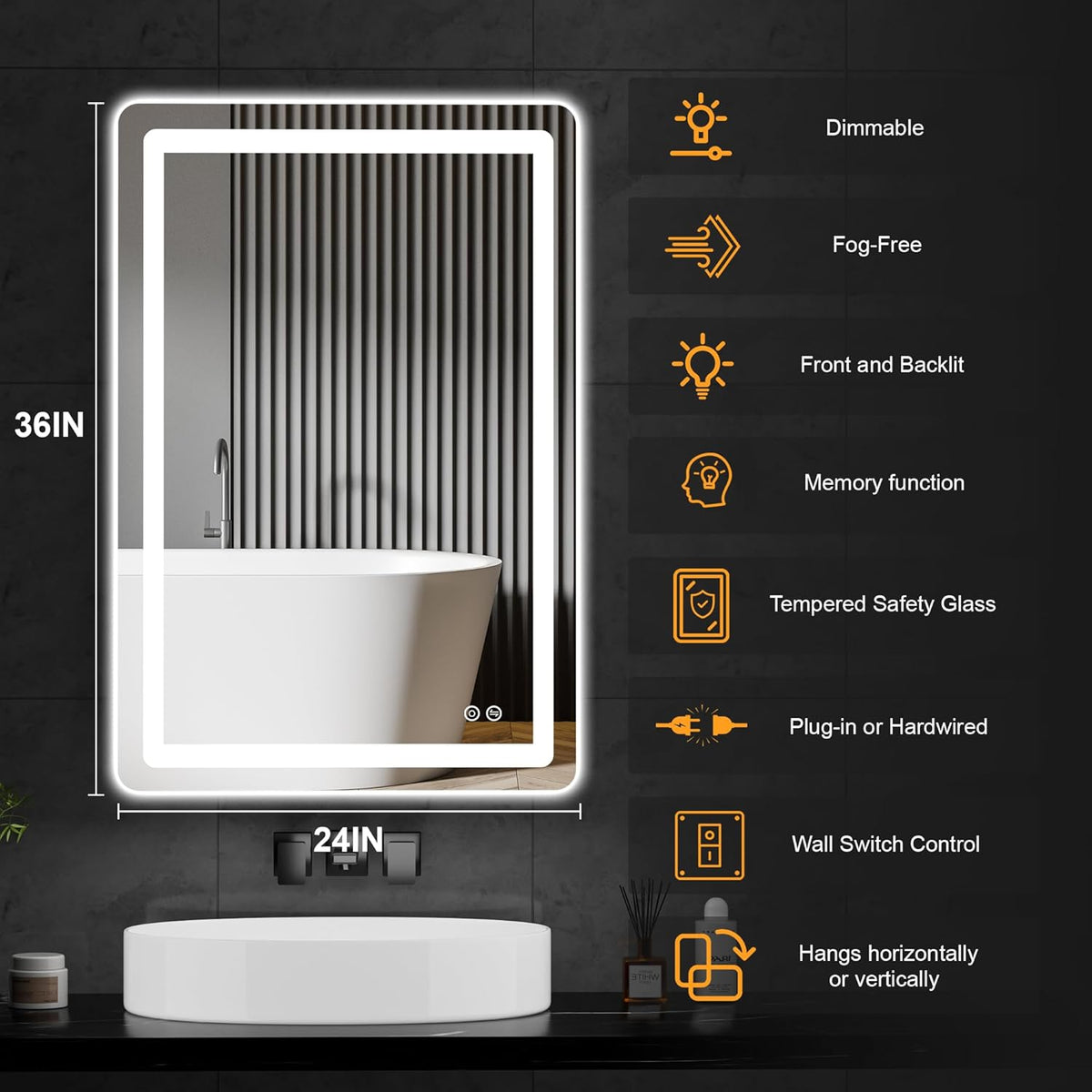 36"x24" led bathroom mirror with lights, vanity mirror, front angle view
