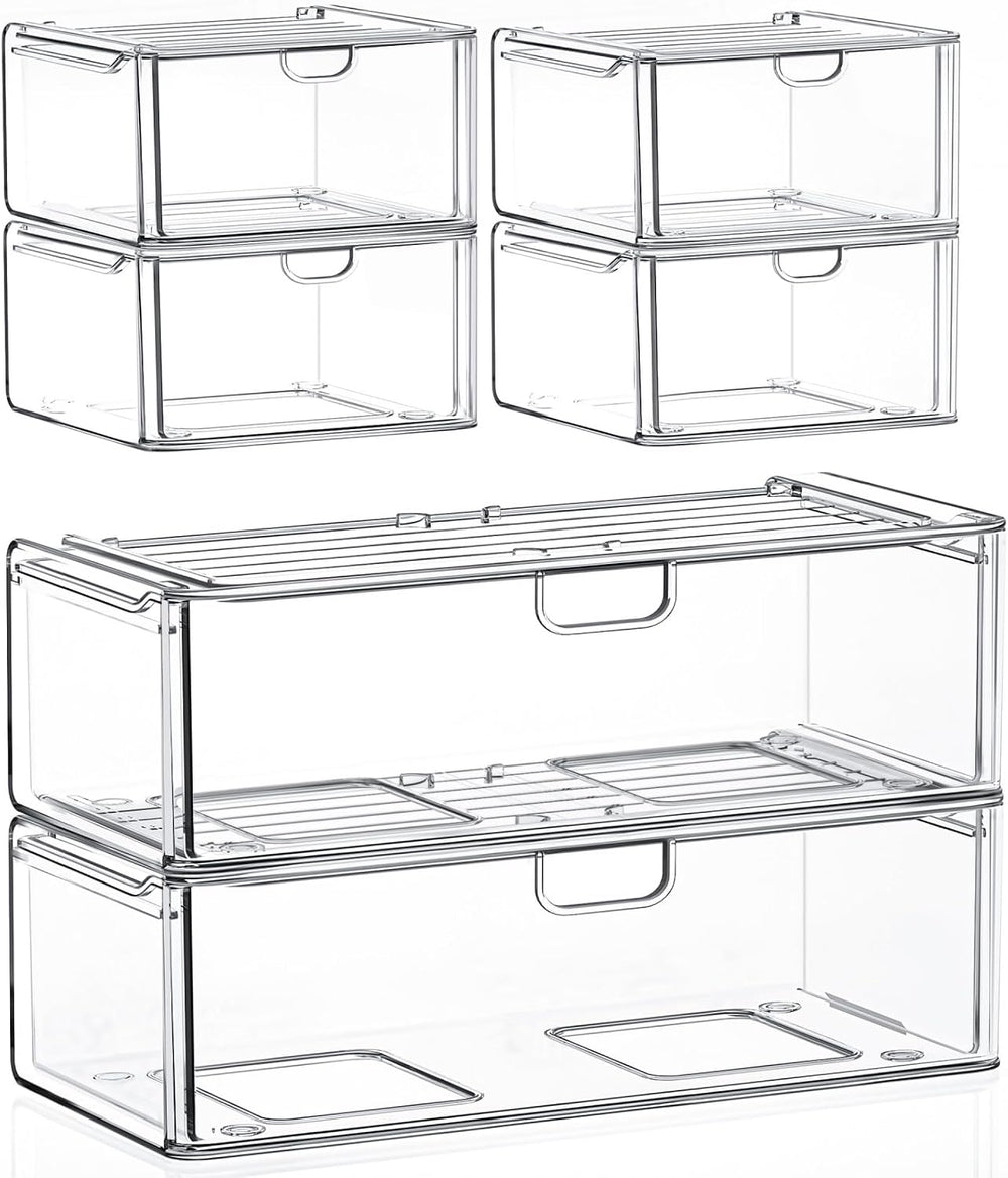 caktraie 6-Pack Acrylic Stackable Storage Drawers for Vanity, Desk, Bath