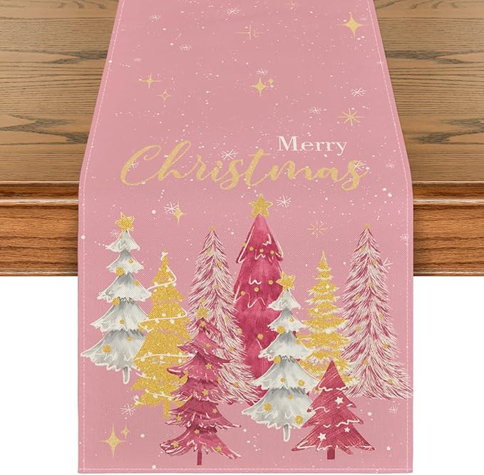 Artoid Mode Xmas Trees Merry Christmas Table Runner, Seasonal Winter Pink by ArtoidMode