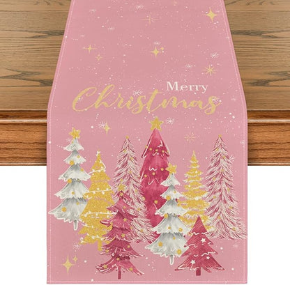 Artoid Mode Xmas Trees Merry Christmas Table Runner, Seasonal Winter Pink by ArtoidMode