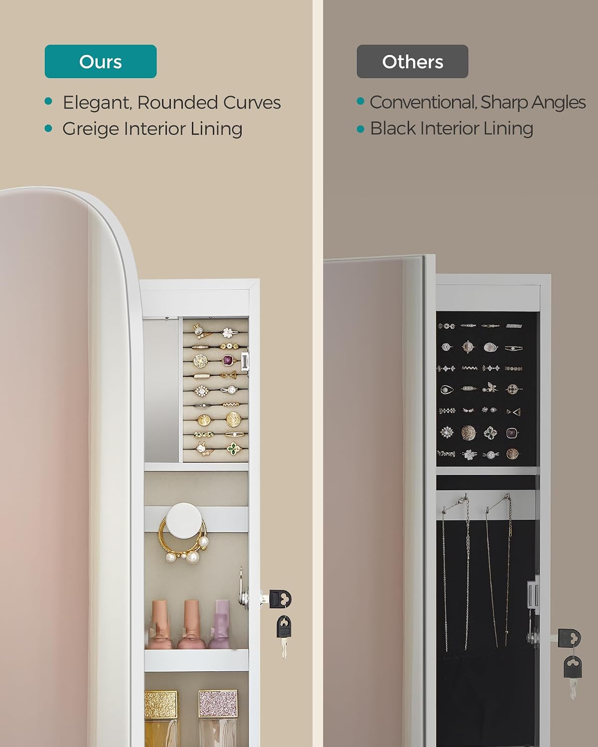 songmics jewelry organizer, led jewelry cabinet, wall/door mounted, close-up detail