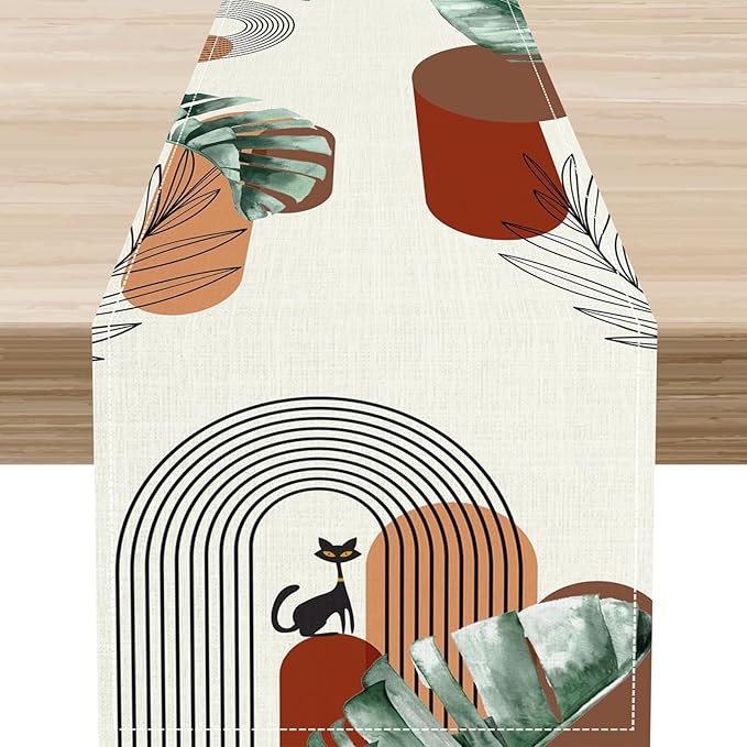 Mid Century Modern Table Runner, Abstract Green Leaves Black Cat Tropical by Unknown