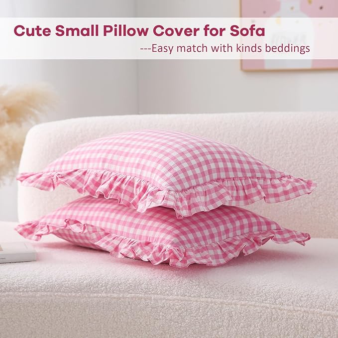 2 Pack Pink White Plaid Ruffle Gingham Throw Lumbar Pillow Shams, 100% Washed - Image 3