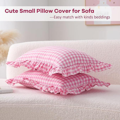 2 Pack Pink White Plaid Ruffle Gingham Throw Lumbar Pillow Shams, 100% Washed - Image 3