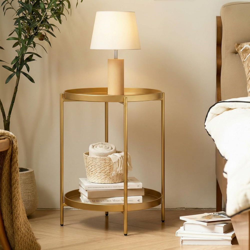 TeoKJ 2 Tier Gold Side Table, Folding Round Metal End Table Small Nightstand ...