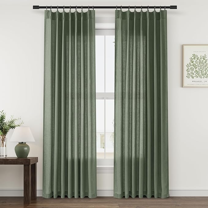 Olive Green Pinch Pleat Linen Curtains 86 Inch Length 2 Panels Set by Aersas