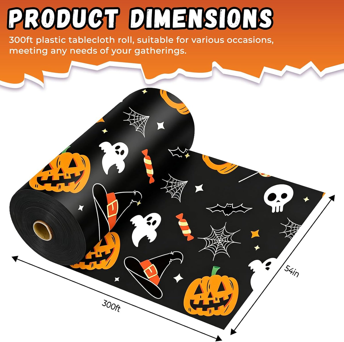 54 Inch X 300 Feet Plastic Table Cover Roll Disposable Halloween Tablecloth Pumpkin Ghost Plastic Table Covers for Halloween Party Decorations (Pumpkin Ghost, 300 Feet)