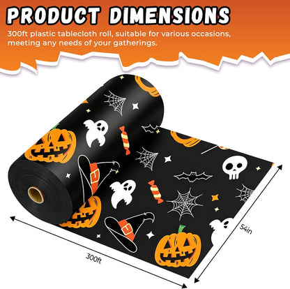 54 Inch X 300 Feet Plastic Table Cover Roll Disposable Halloween Tablecloth Pumpkin Ghost Plastic Table Covers for Halloween Party Decorations (Pumpkin Ghost, 300 Feet)