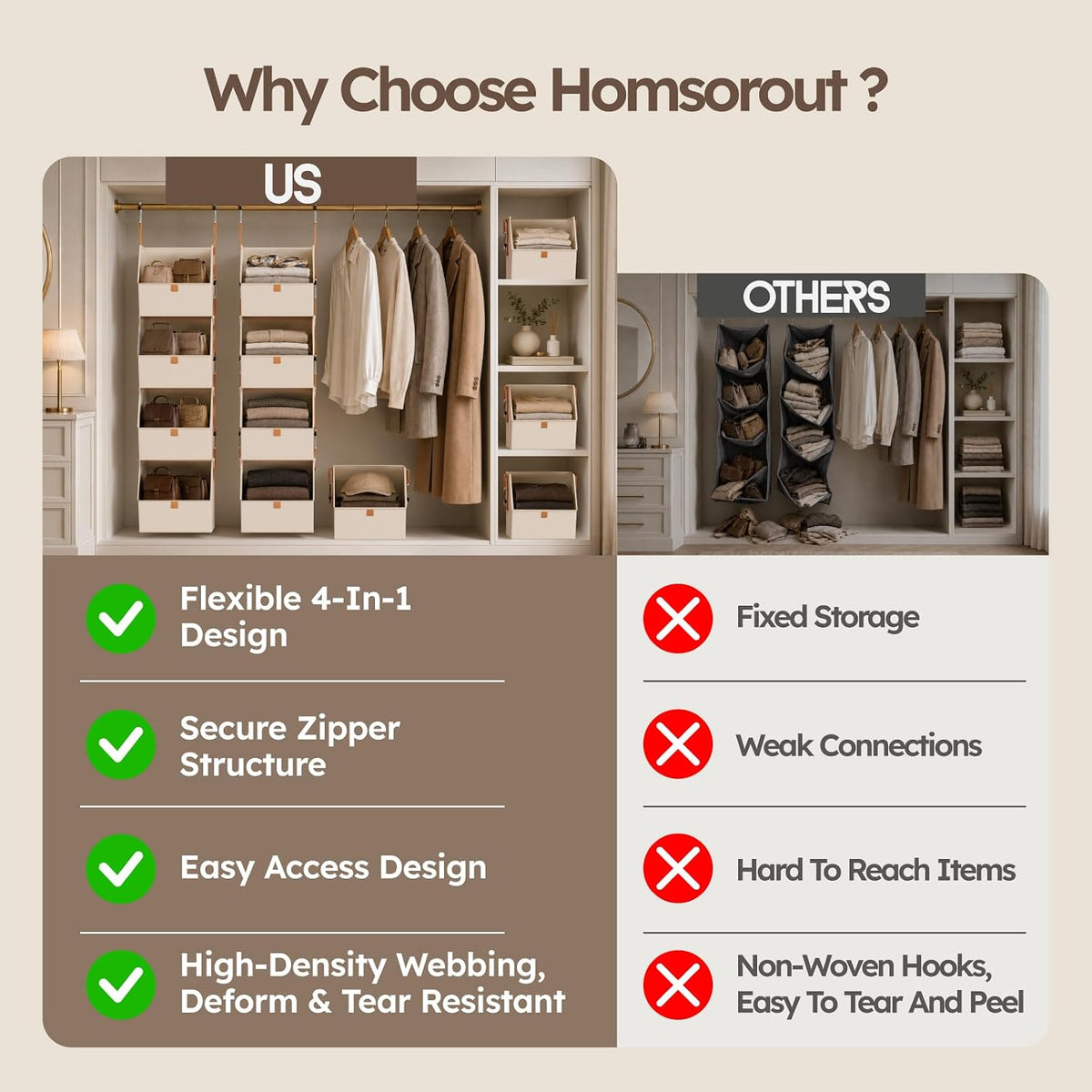homsorout hanging closet organizer, modular 4-in-1 hanging shelves, close-up detail