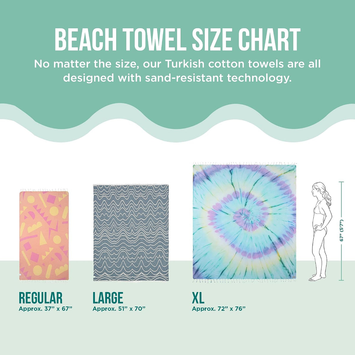 sand cloud turkish beach towel - sand resistant showing dimensions