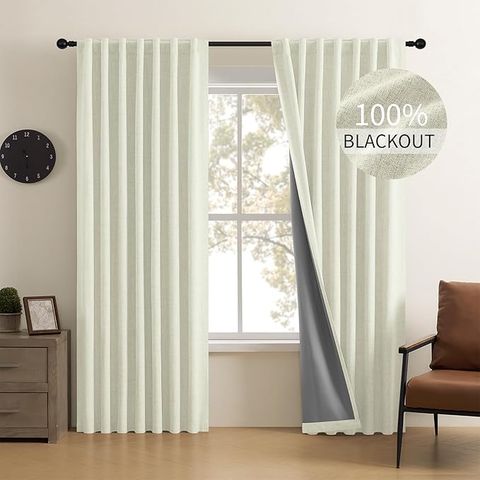 CUCRAF Linen 100% Blackout Curtains 96 Inch Length 2 Panels Set, Back Tab and by CUCRAF