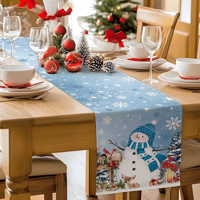 Blue Snowman Christmas Table Runner, 18x72 Inch, Xmas Tree Table Runners Elk - Image 7