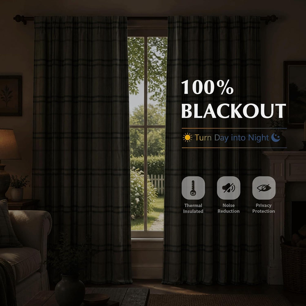 DriftAway 100% Blackout Plaid Linen Chenille Curtains 84 Inches Loden Green
