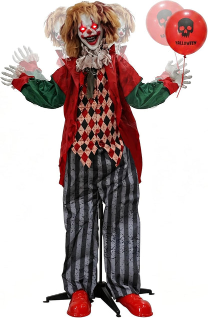 Hourleey 5.3FT Halloween Animatronics Clown Decorations, Sound Activated Standing Animated Clown with Lighted Eyes, Clown Holding Balloon for Indoor Outdoor Haunted House Party Prop Yard Decor