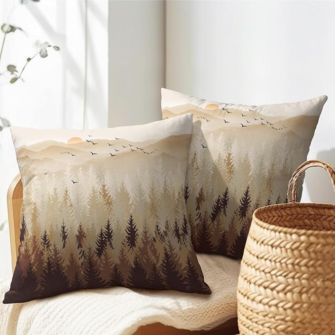 Fall Misty Forest Throw Pillow Covers 16x16 Inch Set of 2 Brown Mountain - Image 5