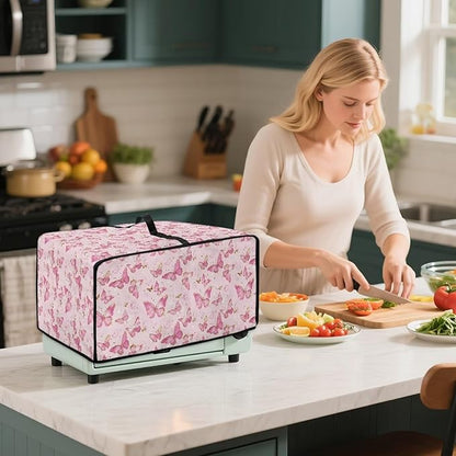 Pink Butterfly Print Microwave Oven Dust Cover Polyester-Linen Fabric Dust Cover - Image 3