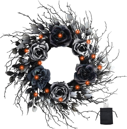 22 Inch Black and Silver Halloween Wreath with 40 Orange LEDs