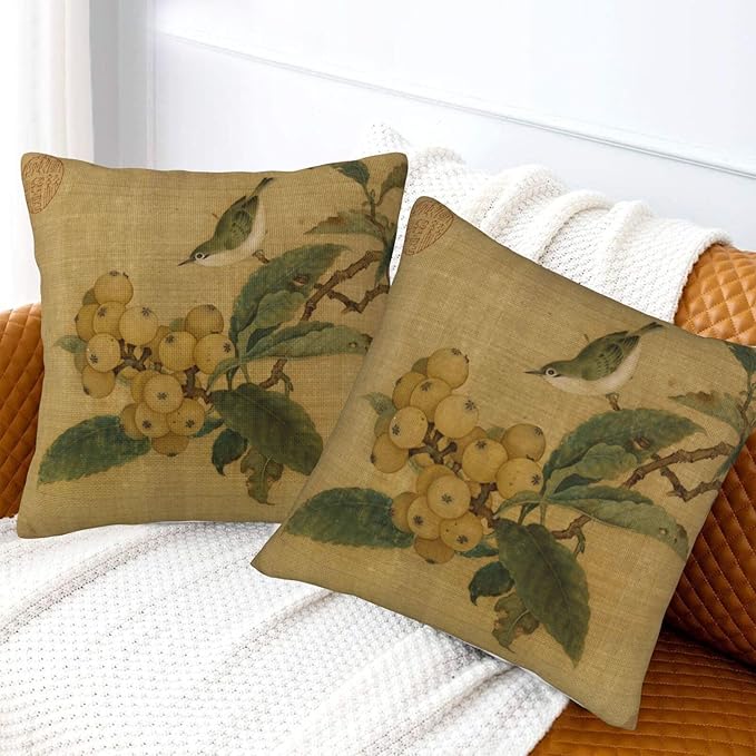 Vintage Rustic Chinoiserie Floral Bird Throw Pillow Covers 18x18 Inch Set of 2 - Image 3
