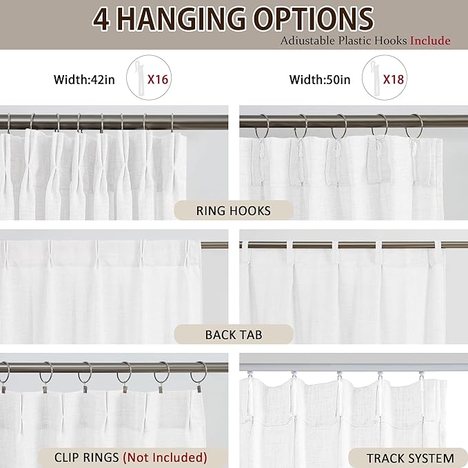 White Linen Pinch Pleated Semi Sheer Curtains 2 Panels 45 Inches Long, Back Tab - Image 3