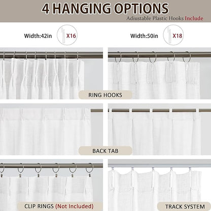 White Linen Pinch Pleated Semi Sheer Curtains 2 Panels 45 Inches Long, Back Tab - Image 3