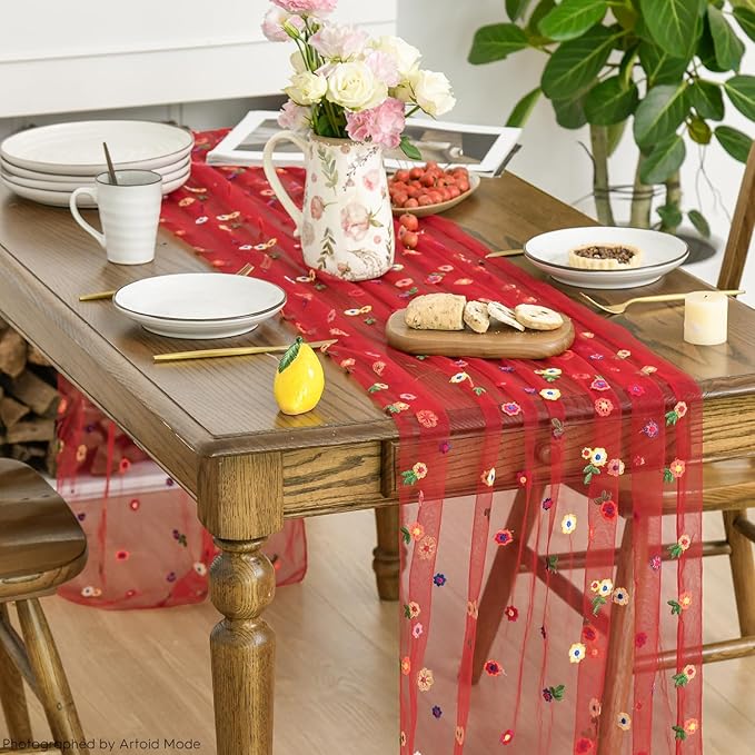 Artoid Mode 3PCS Red Embroidery Daisy Gauze Table Runner 120 Inch 10FT - Image 3