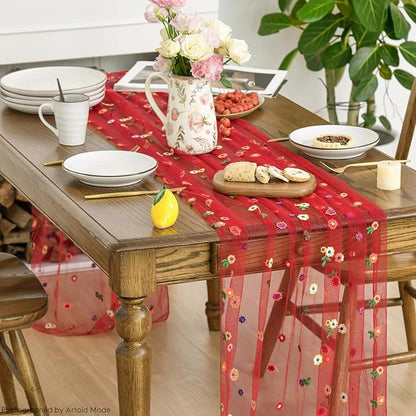 Artoid Mode 3PCS Red Embroidery Daisy Gauze Table Runner 120 Inch 10FT - Image 3