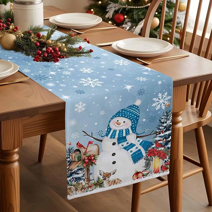 Blue Snowman Christmas Table Runner, 18x72 Inch, Xmas Tree Table Runners Elk - Image 2