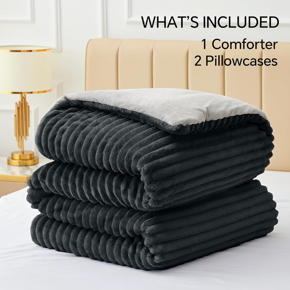 BEDELITE Fleece Full Comforter Set, Fluffy Bed Set, Black