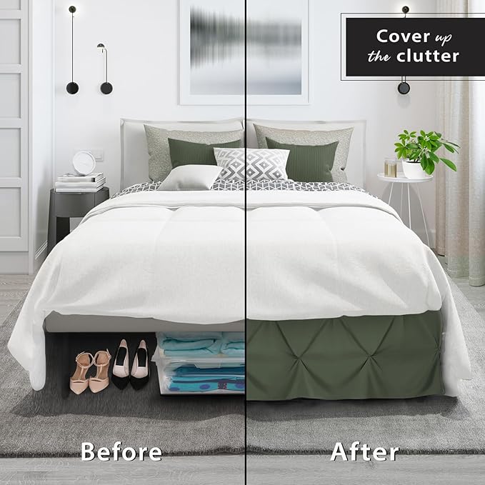 Nestl Olive Green Bed Skirt Queen Size, Pinch Pleat Queen Bed Skirt, Hotel - Image 4