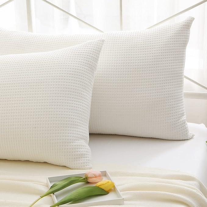 2 Pack Off White Waffle Weave Textured King Size Pillow Shams, 100% Cotton by KMASANIJI