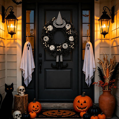 26" Halloween Wreath for Front Door with Hat, Legs, Pumpkins