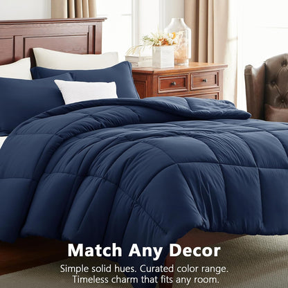 cozylux full size comforter sets, 3-piece box-stitched, navy showing dimensions