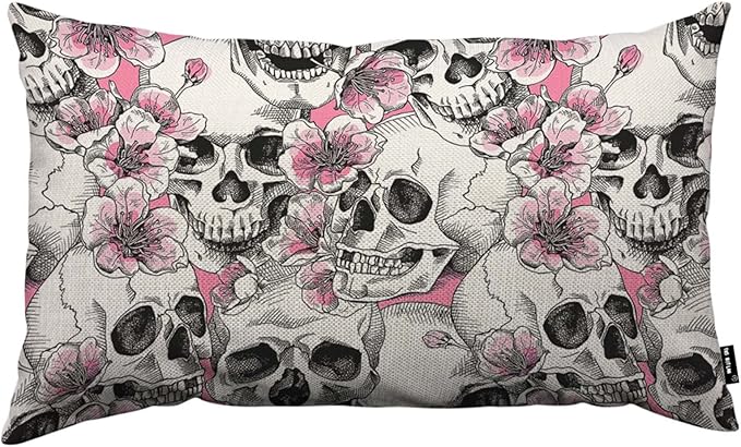 TKS MITLAN Skull and with Flowers Pillow Cover 12x20 inch Pink Cherry Rustic by TKS+MITLAN