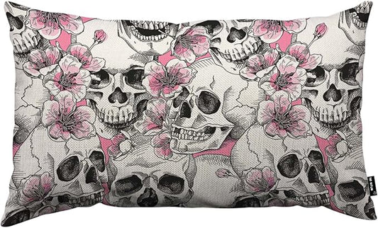 TKS MITLAN Skull and with Flowers Pillow Cover 12x20 inch Pink Cherry Rustic by TKS+MITLAN