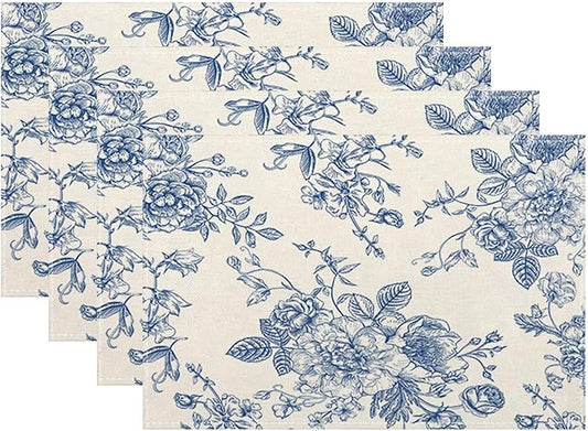 Chinoiserie Floral Placemats Set of 4, Vintage Blue Flower Decorative Table Mat by Sunshineyan