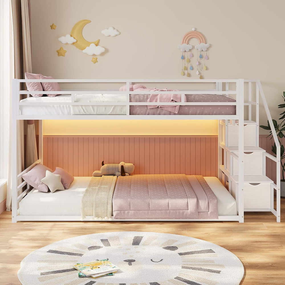 ADORNEVE Low Bunk Bed Twin Over Twin with Storage Stairs, White