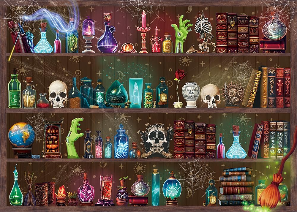 Halloween Magic Potion Shelf Backdrop Bookshelf Spooky Witch Skulls Backgroun...