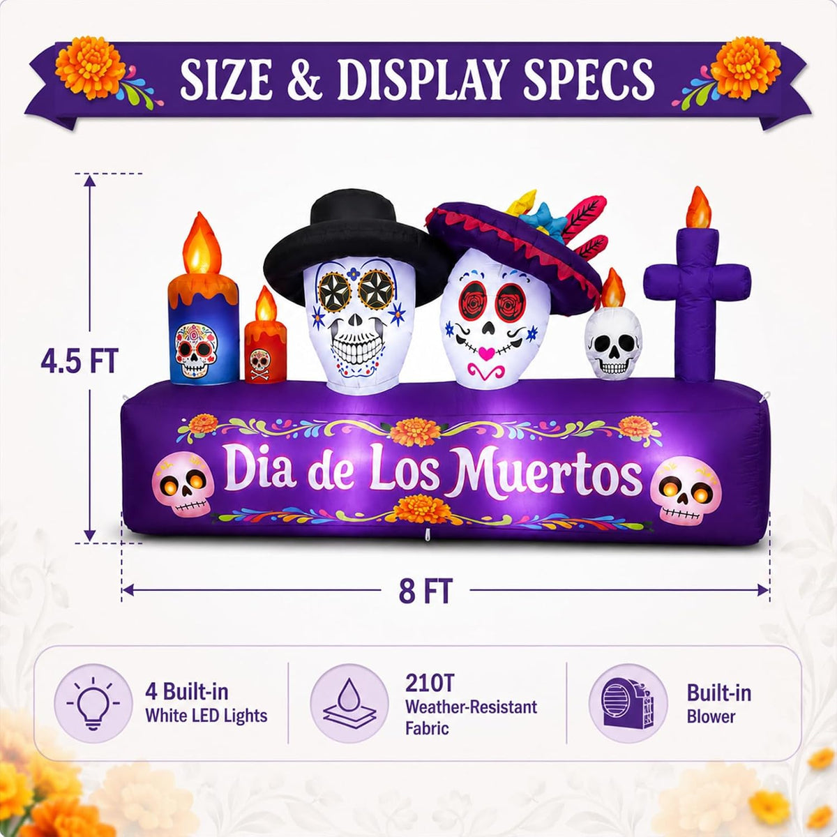 8ft dia de los muertos inflatable decorations, 6ft, side view