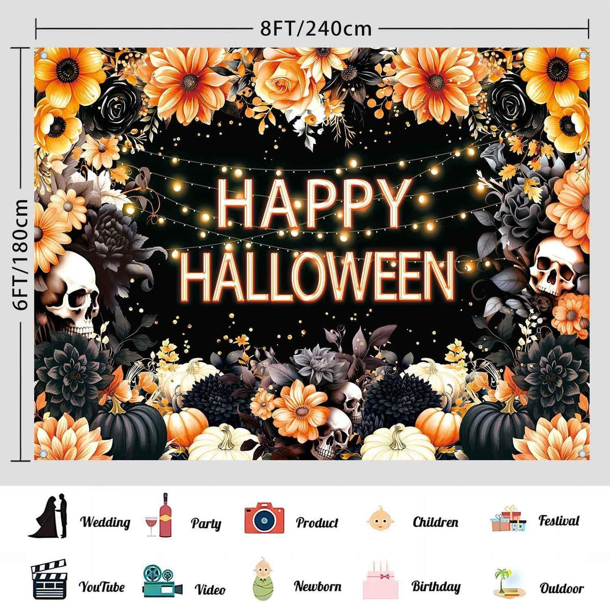 8x6ft Floral Happy Halloween Backdrop Spooky Flower Skull Photography Background Large Black Orange Halloween Party Decorations Wall Banner Indoor Outdoor Photo Booth Props