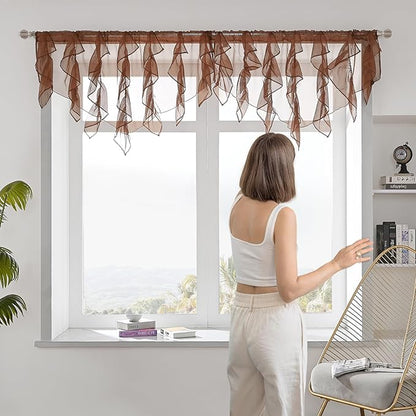 PearAge Ruffled Voile Semi Sheer Curtain Valance, Kitchen Living Room Shabby - Image 2