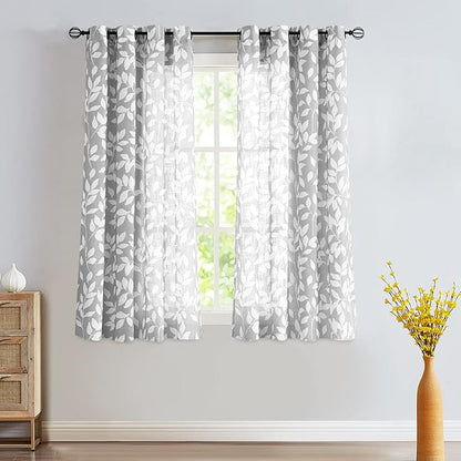 White and Grey Curtains for Bedroom 54" Long Leaf Print Curtains for Windows - Image 2