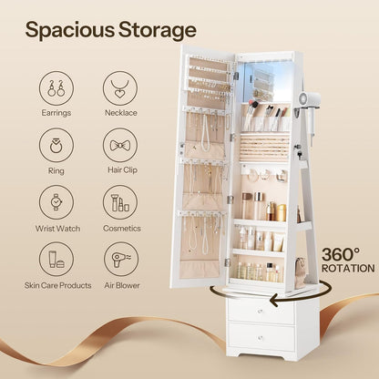 hoobro 360° swivel jewelry cabinet with led lights on a desk or shelf