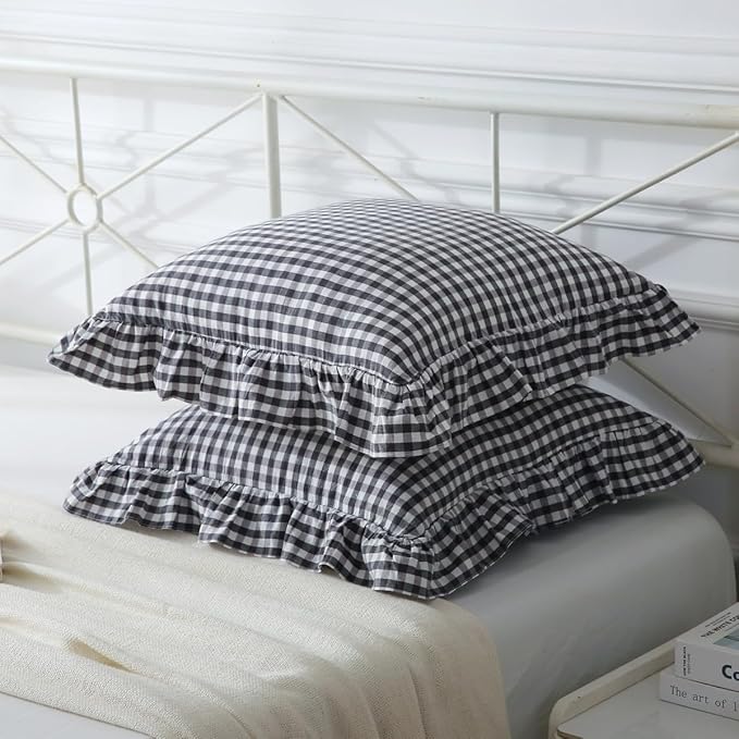 Black/White Plaid Ruffle Throw Pillow Covers Set of 2, Checkered Washed Cotton - Image 3