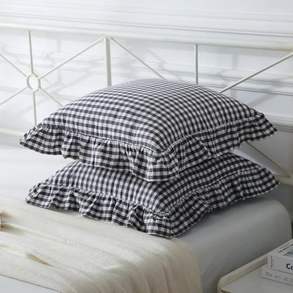 Black/White Plaid Ruffle Throw Pillow Covers Set of 2, Checkered Washed Cotton - Image 3