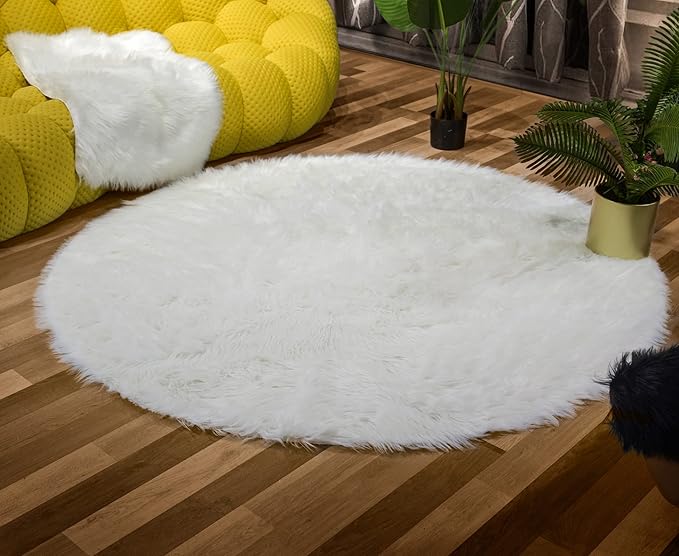 Latepis White Round Rug 6.7 ft, Faux Fur Sheepskin Circle Rug - Image 2