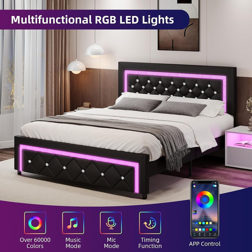 Full Bed Frame with LED Lights, Diamond Tufted Headboard, Black