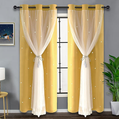 Kinryb Yellow Star Cut-Out Blackout Curtains Soundproof Double Layer Curtain by Kinryb
