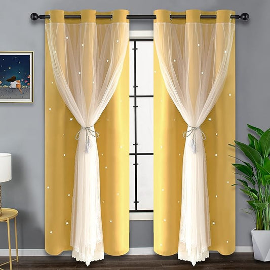 Kinryb Yellow Star Cut-Out Blackout Curtains Soundproof Double Layer Curtain by Kinryb