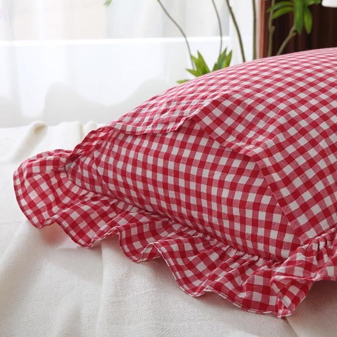 Red/White Plaid Pillow Shams Standard Size Set of 2, Shabby Checkered Washed - Image 4